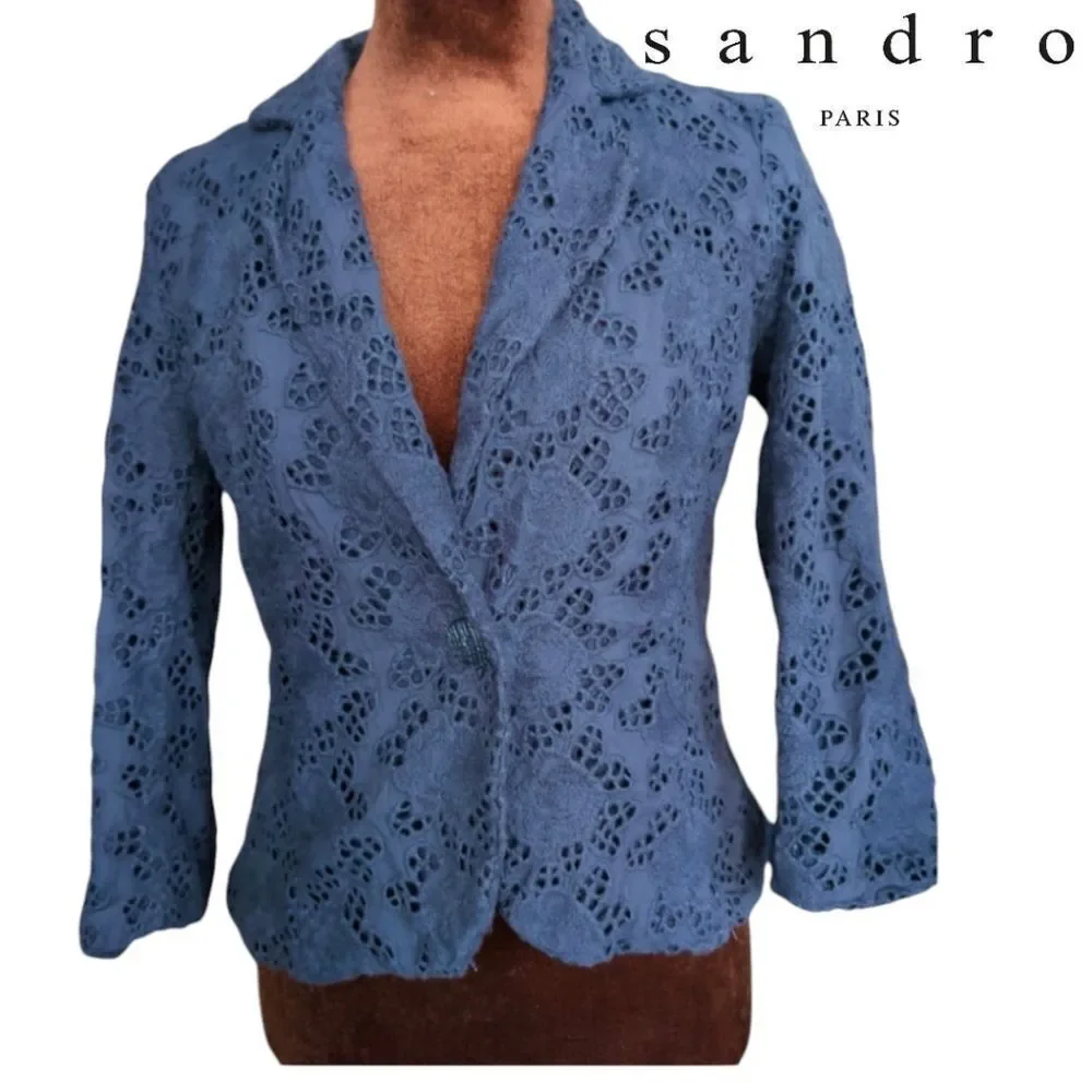 - Sandro navy Cotton eyelet embroidered Cropped blazer size S 3/4 sleeves - Picture 1 of 7